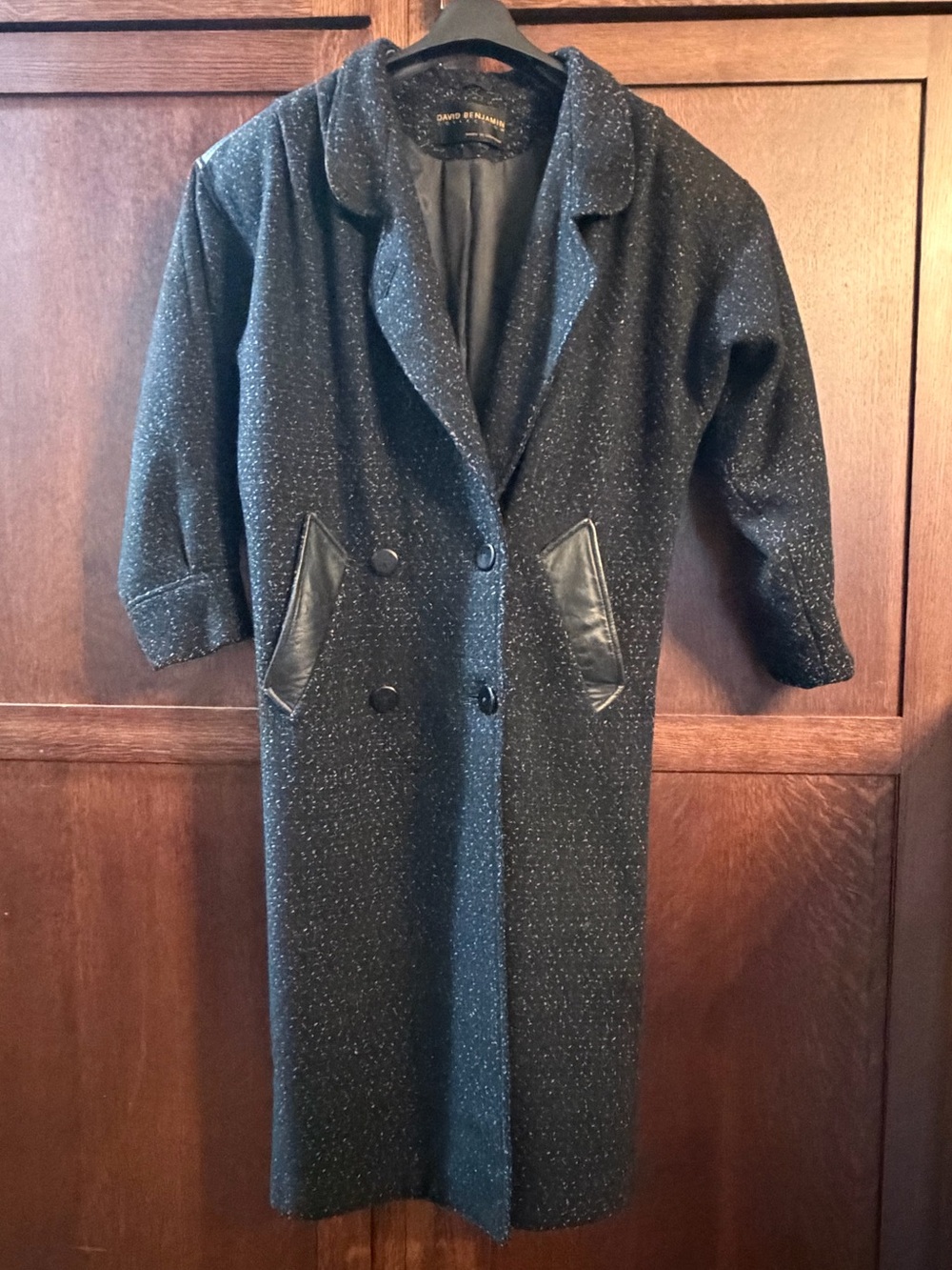 David Benjamin vintage double-Breasted Black Tweed Coat with Leather Trim